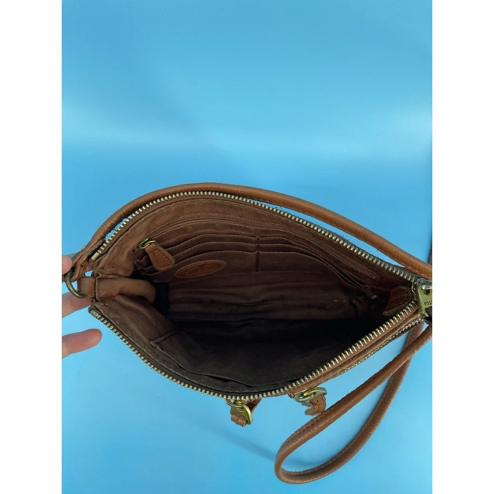 Fossil Brown‎ Leather Crossbody Shoulder Bag Organizer Zip Purse Women
